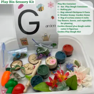 Play bin sensory kit with play dough, garden tools, and colorful fillers.